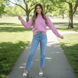 THML Pink & Green Bow Knit Sweater S EUC